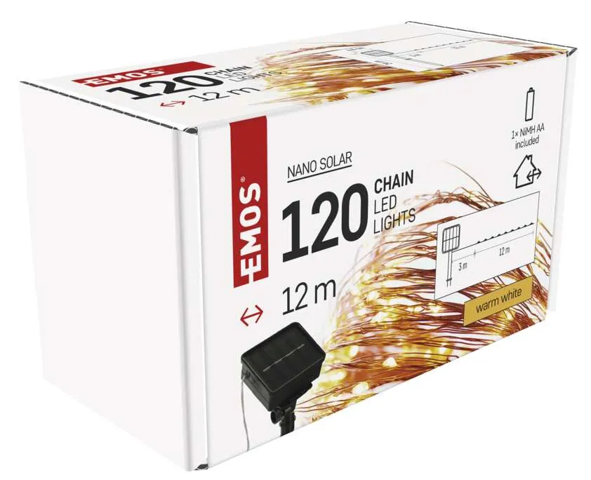 Fehér doboz LED-es lámpákkal, 'EMOS' felirattal, 'Nano Solar' szöveggel, 12 m hosszú és 120 lámpás.