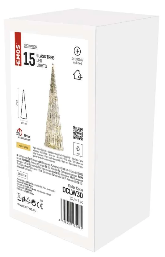 Dobozolt fehér üvegfa LED-lámpákkal, termékadatokkal és QR-kóddal.