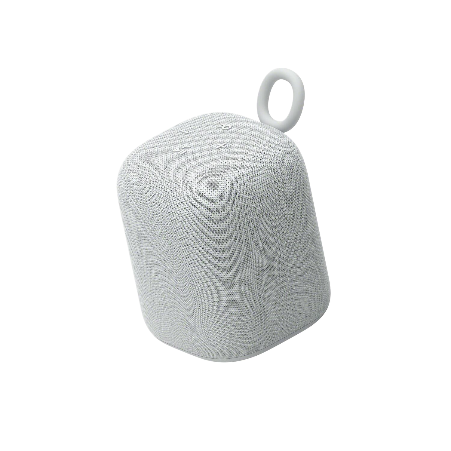 Een witte, afgeronde luidspreker met drie knoppen en een lusgreep. Zwarte achtergrond.