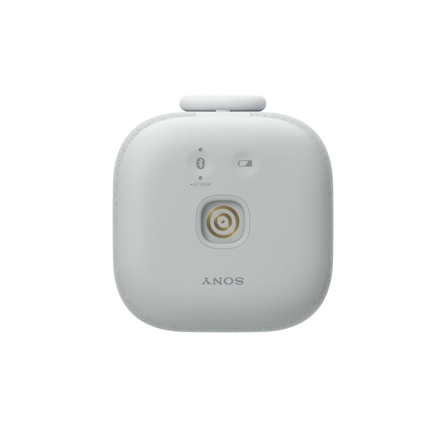 Een witte, ronde luidspreker met een Sony logo en bedieningsknoppen.