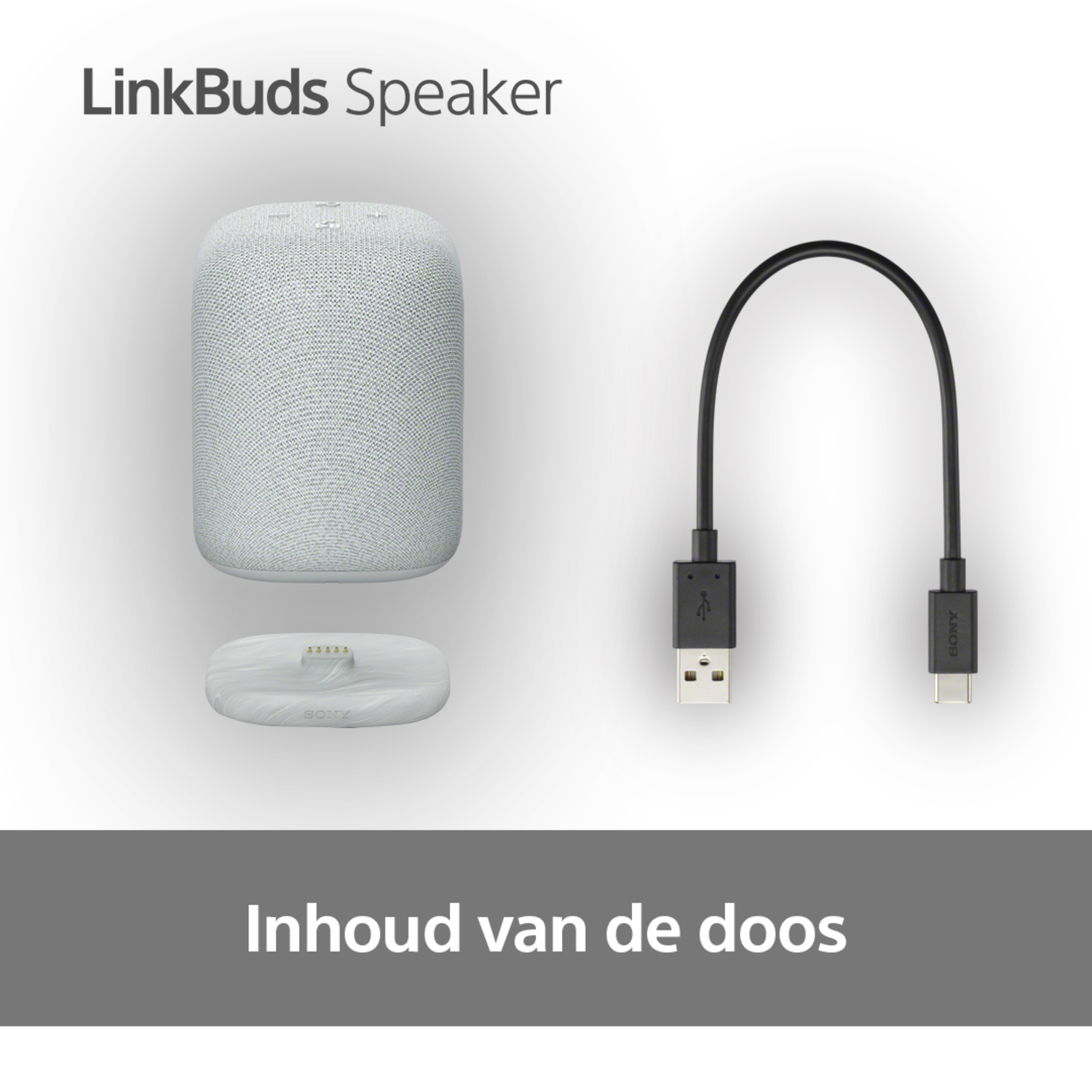 Productfoto van een luidspreker, oplaadbasis en USB-kabel. Tekst: 'Inhoud van de doos'.