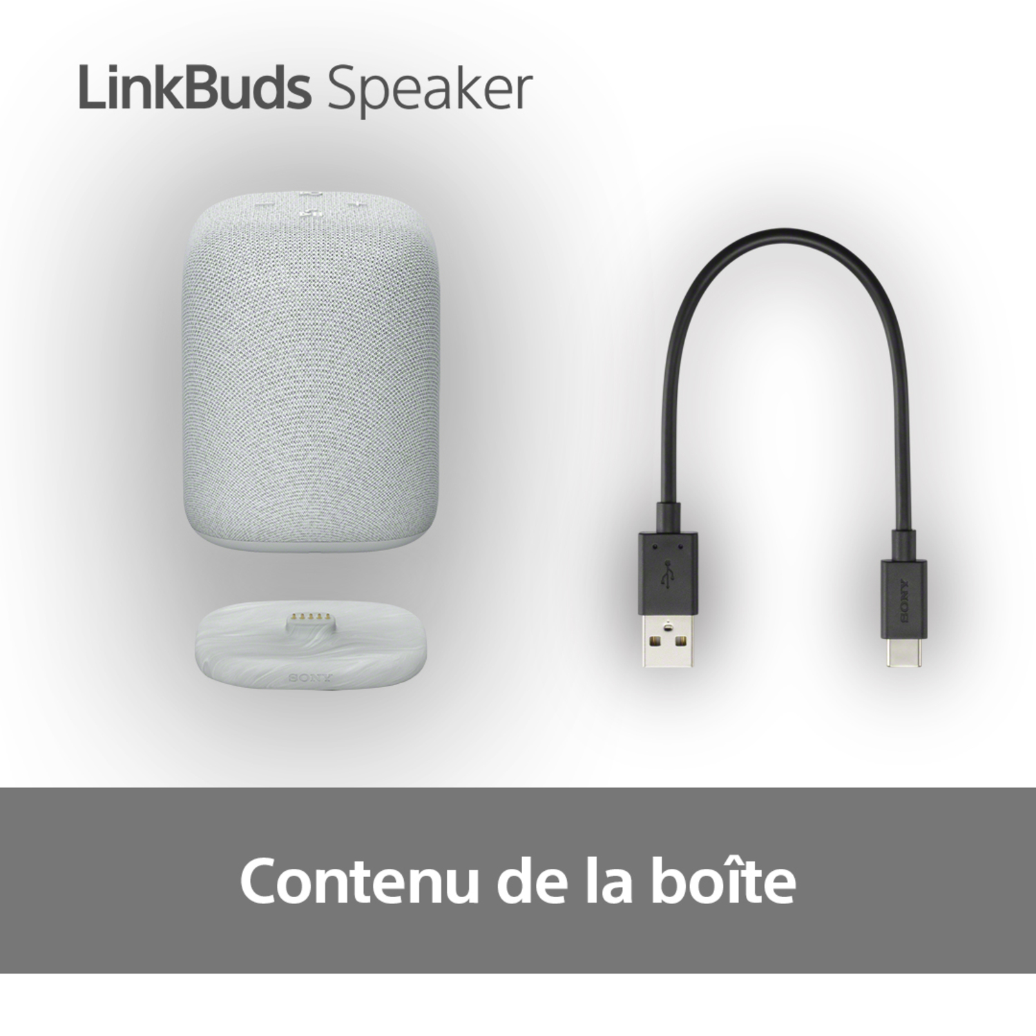 Haut-parleur gris, socle de chargement, câble USB noir, fond blanc, texte.