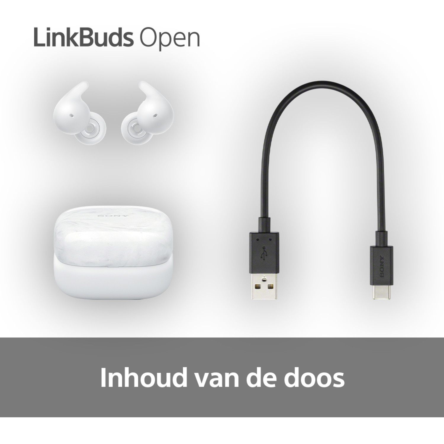 Witte oordopjes, oplaadcase, zwarte USB-kabel, witte achtergrond, tekst.