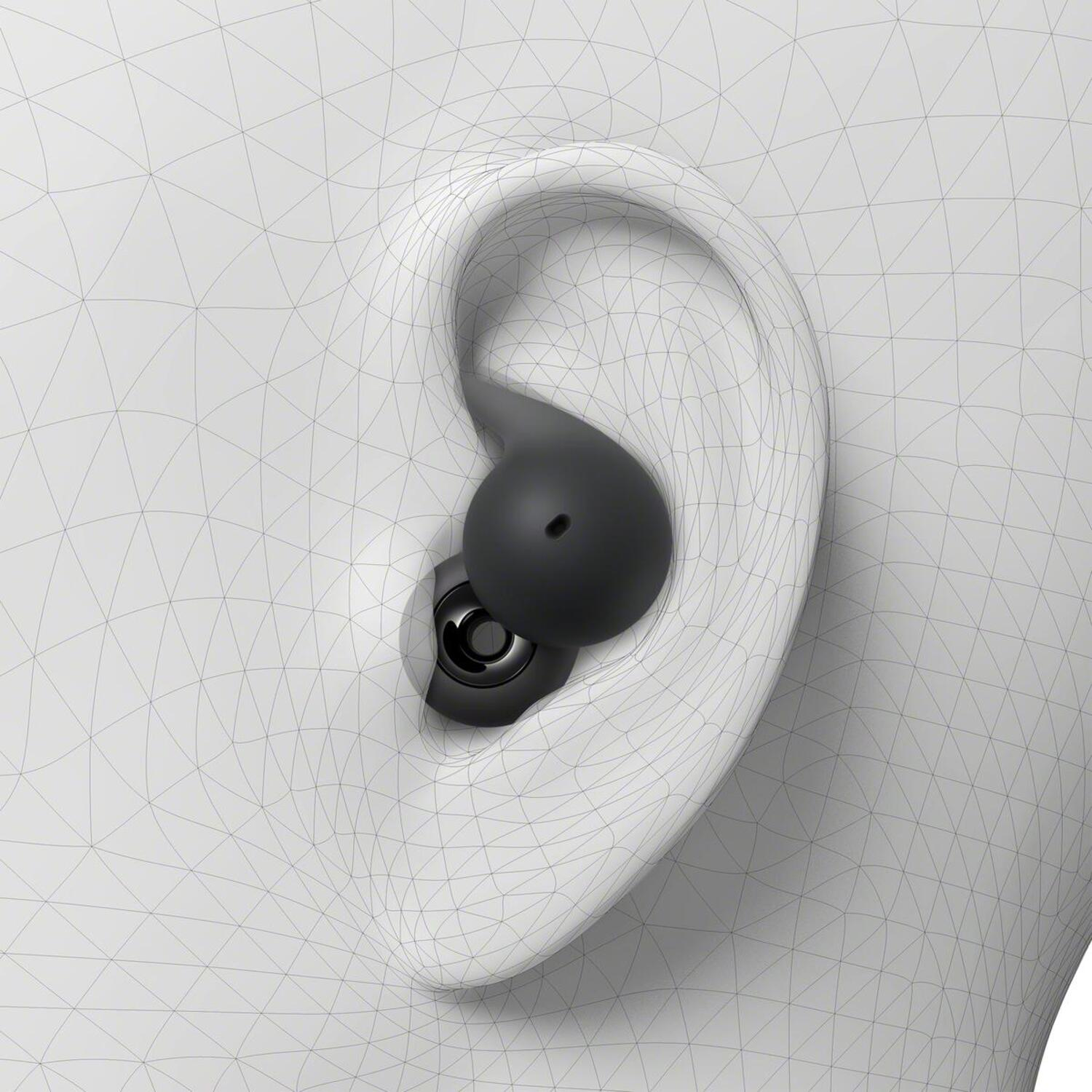 Une oreille avec un écouteur inséré. L'oreille et l'écouteur sont dans un style filaire.