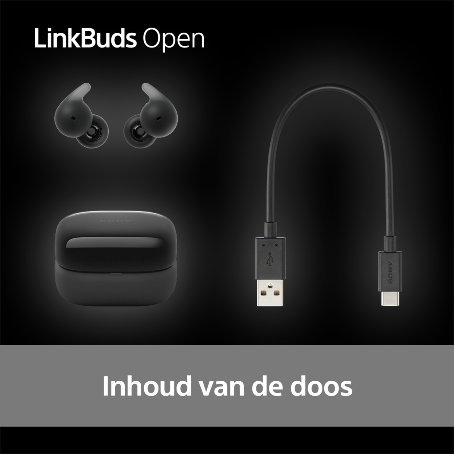 Zwarte oordopjes, hoesje en oplaadkabel op een donkere achtergrond.