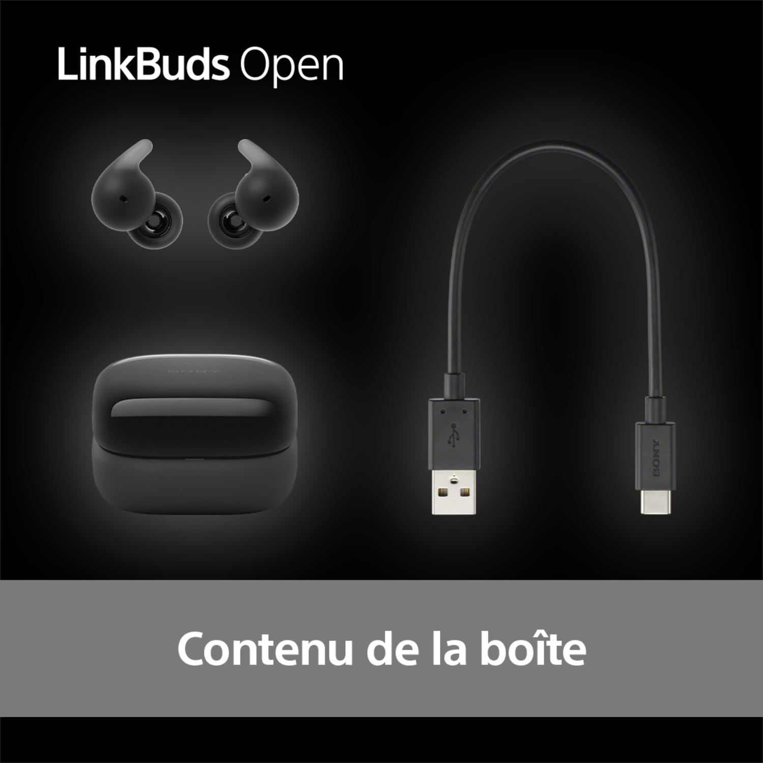 Une boîte noire contenant des écouteurs, un étui de chargement et un câble USB sur fond sombre.