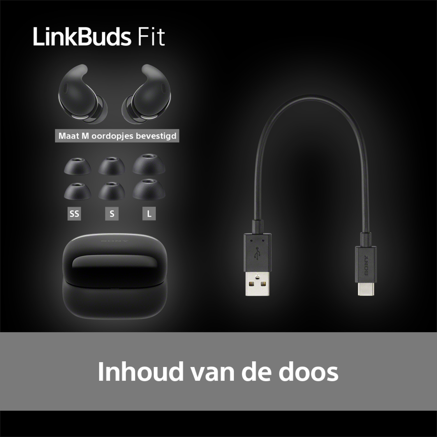 Oordopjes en oplaadcase met accessoires en USB-kabel op donkere achtergrond. Tekst: Inhoud van de doos.
