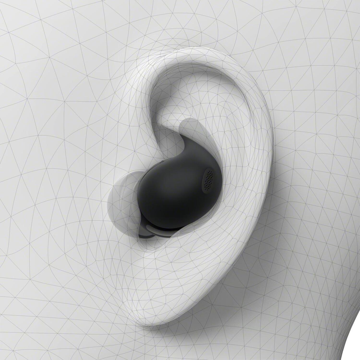 Oreille avec un écouteur sans fil noir inséré. L'oreille est blanche avec des lignes filaires.