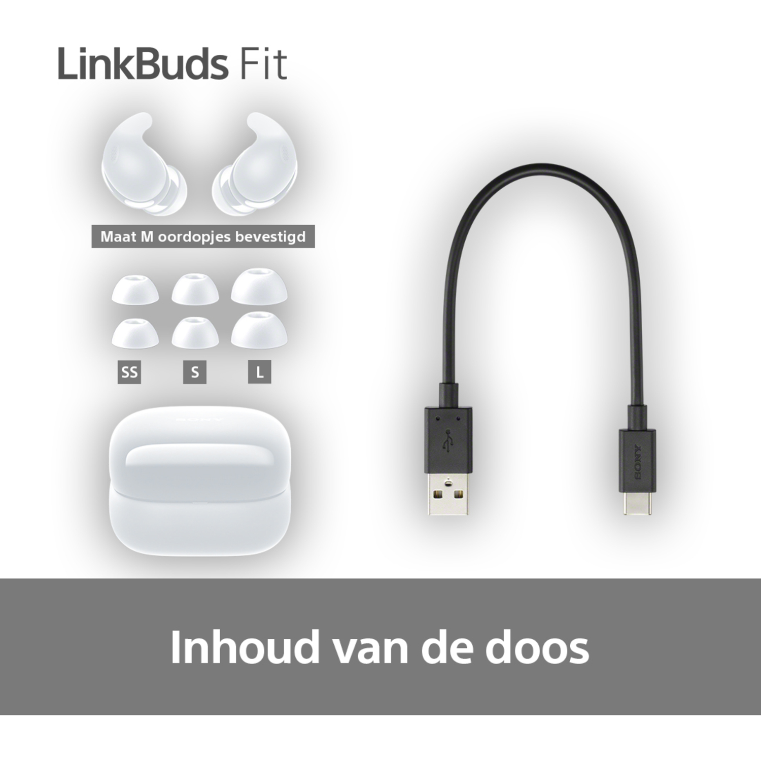 Witte oordopjes met accessoires, oplaadcase en een USB-kabel.