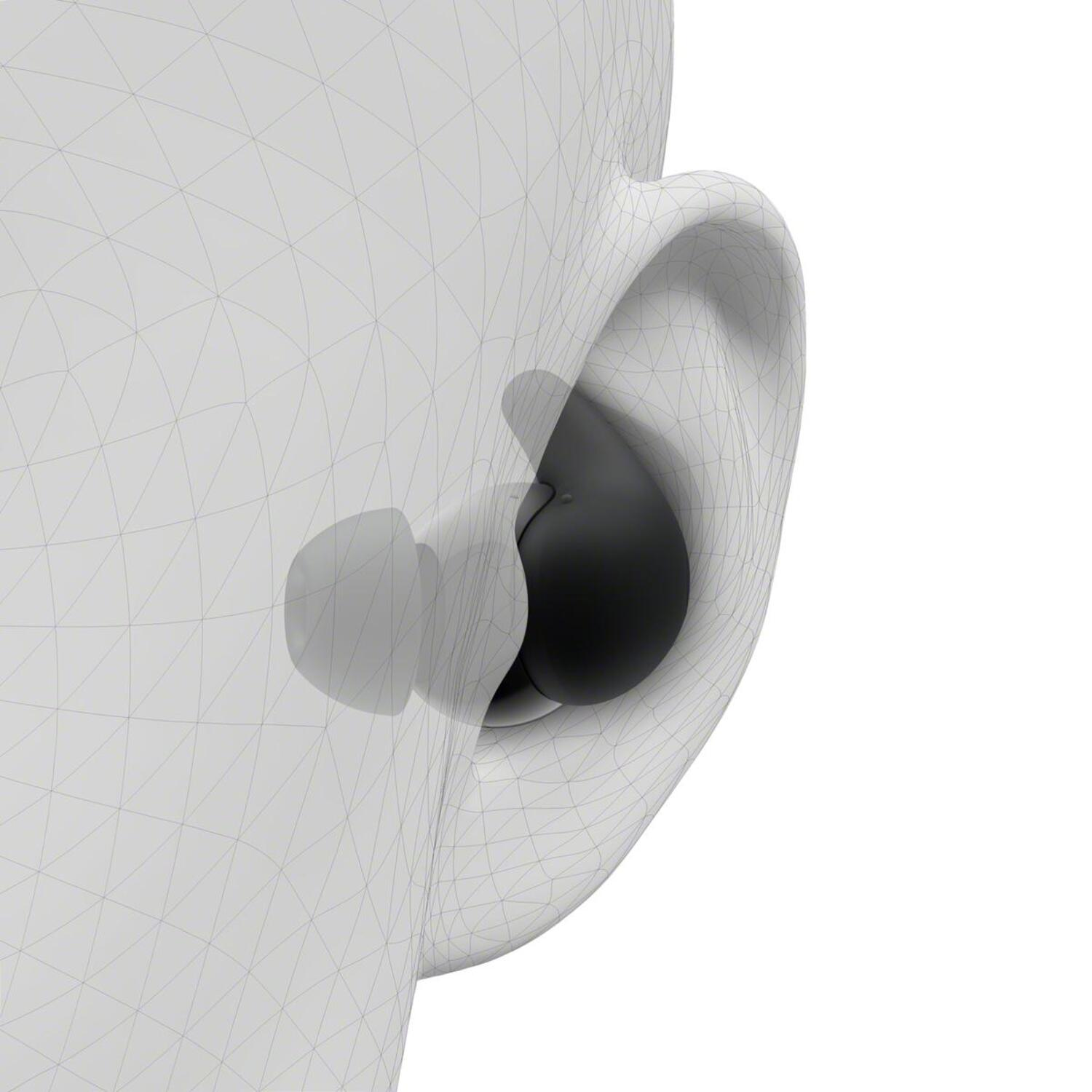 Un écouteur dans un modèle d'oreille, fond blanc.