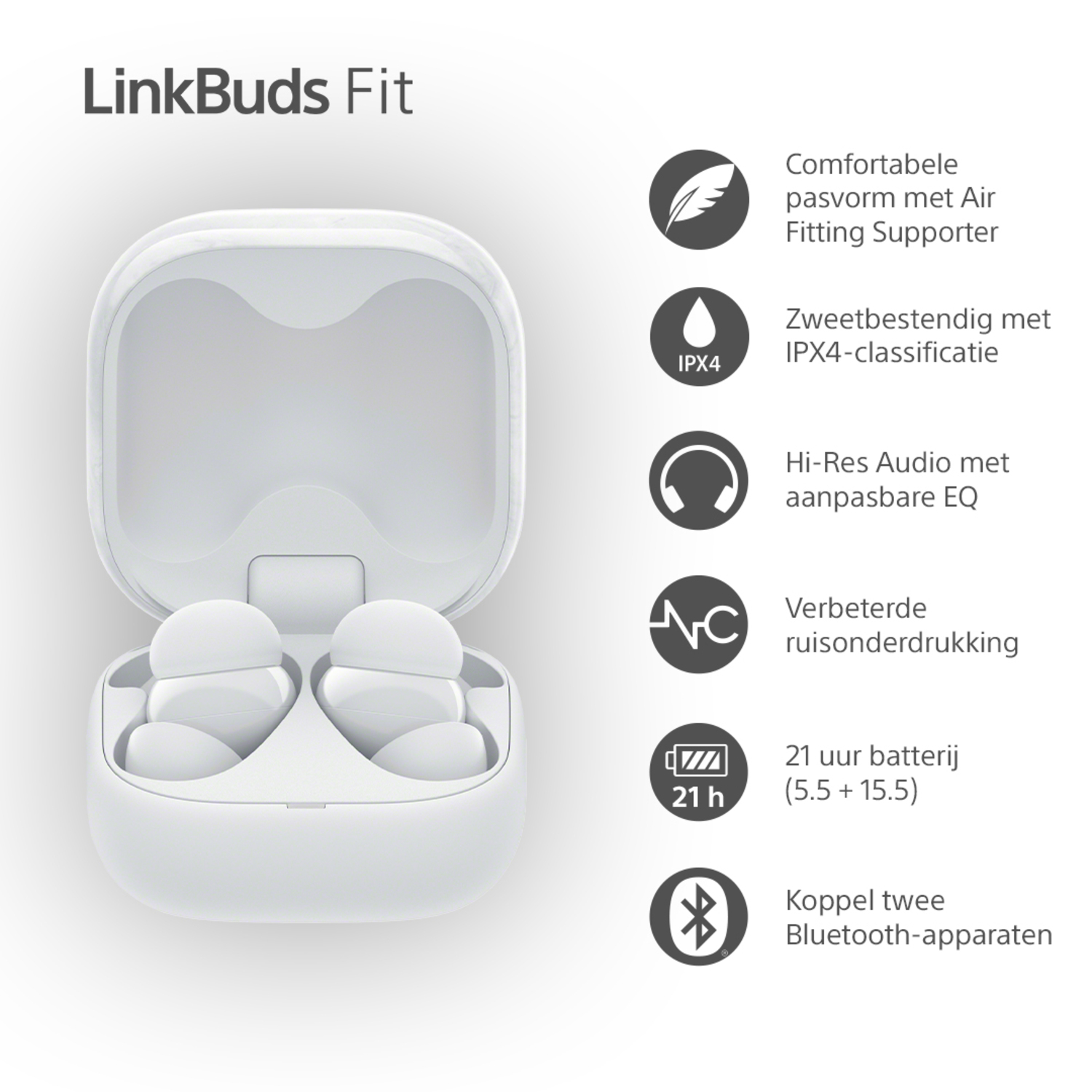 Witte oordopjes in een hoesje met iconen en tekst. Functies zijn batterijduur, ruisonderdrukking, etc.