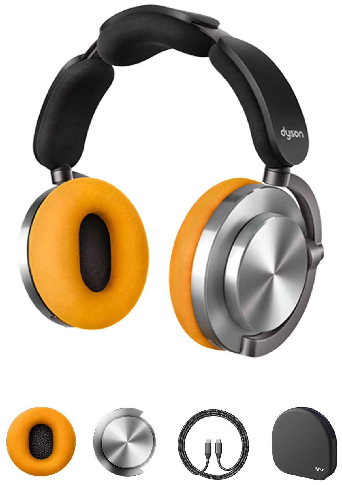 Szare i pomarańczowe słuchawki z nausznikami i akcesoriami na białym tle.