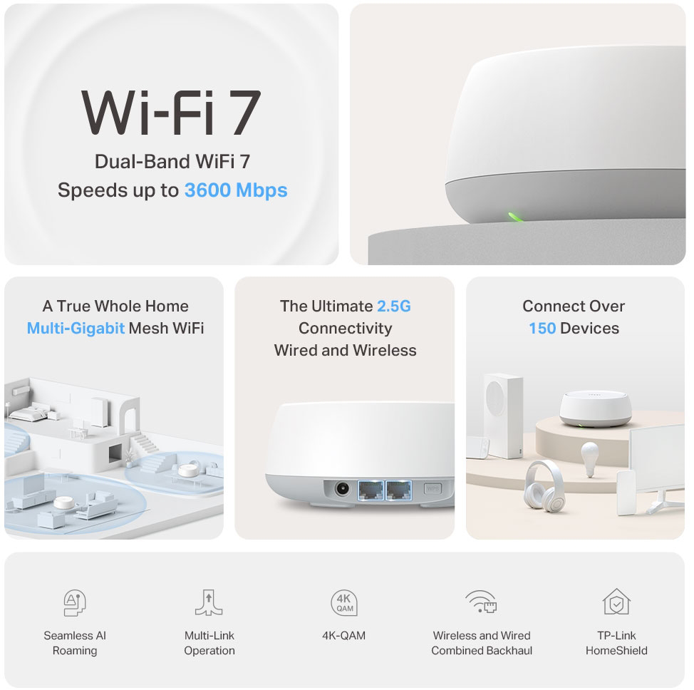 Wi-Fi 7 router a funkciók és a csatlakozási lehetőségek illusztrációival.