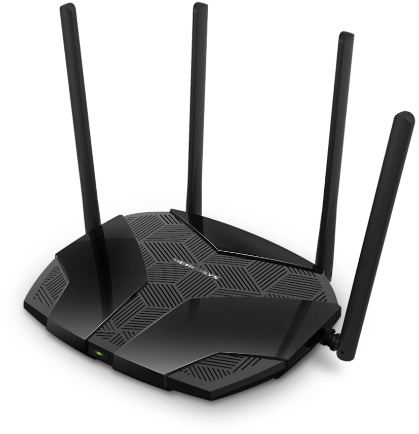 Egy fekete router négy antennával, fehér háttér előtt, szögben.