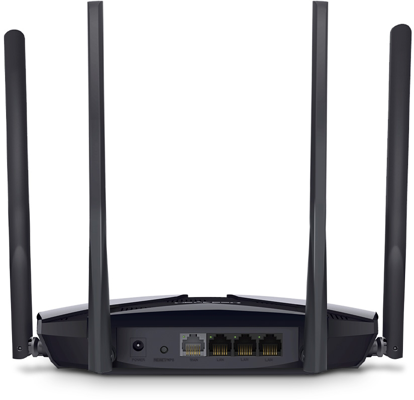 Egy fekete router négy antennával és portokkal a hátulján.