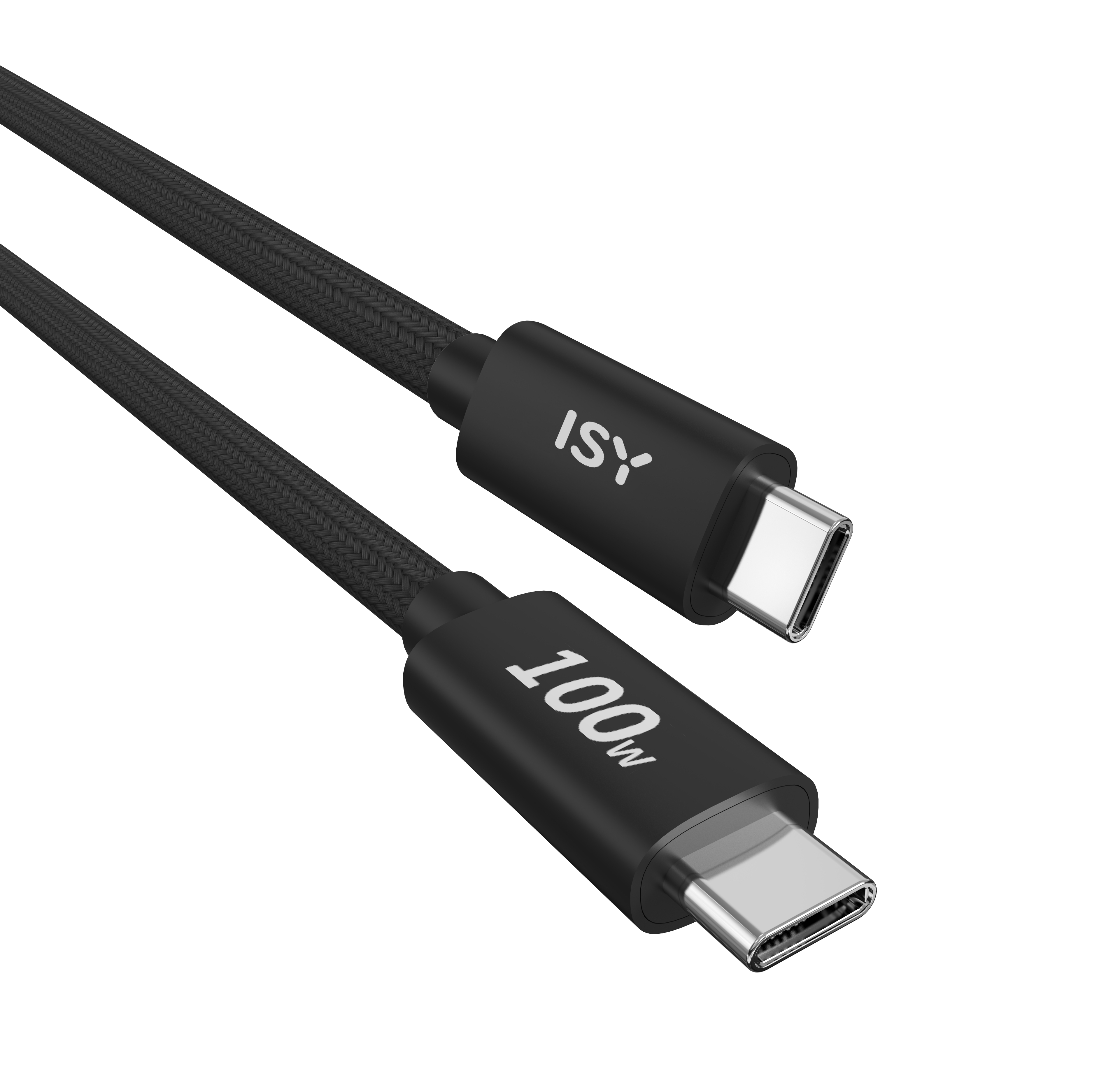 Schwarzes USB-C-Kabel mit den Aufschriften "ISY" und "100W" auf den Steckern.