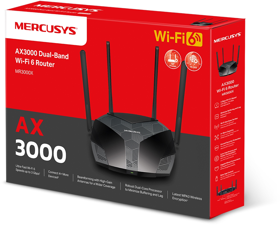 Egy piros-fekete router doboz a termék nevével és a router képeivel.