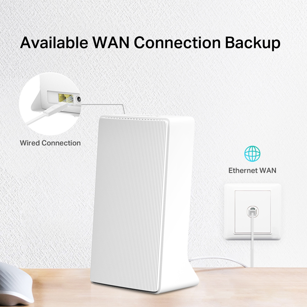 Fehér router Ethernet és WAN ikonokkal. Vezetékes kapcsolat látható. Fehér háttér.