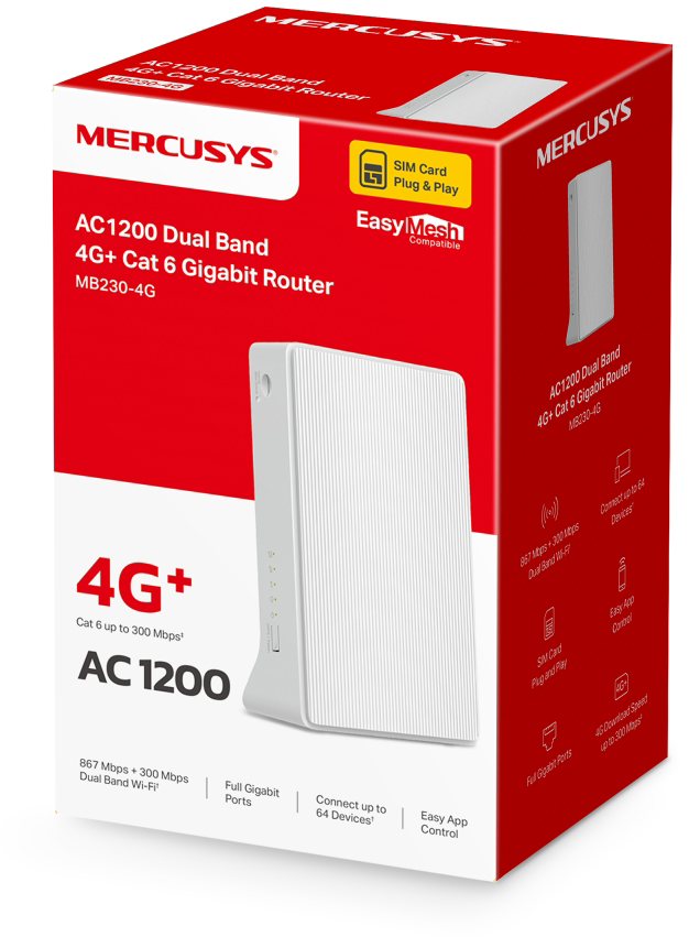 Piros-fehér Mercusys AC1200 router doboz. A termék részletei és a router képe látható.