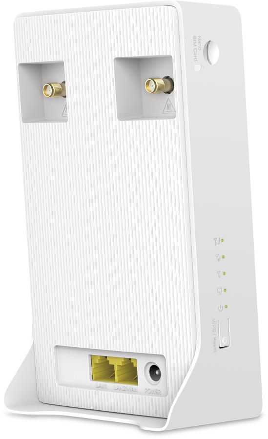 Fehér router antenna portokkal, LAN/WAN és tápellátó bemenetekkel. WPS/reset gombbal.