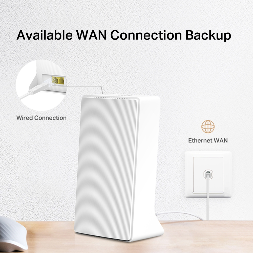 Fehér router vezetékes csatlakozással és Ethernet WAN-nal, fa felületen.