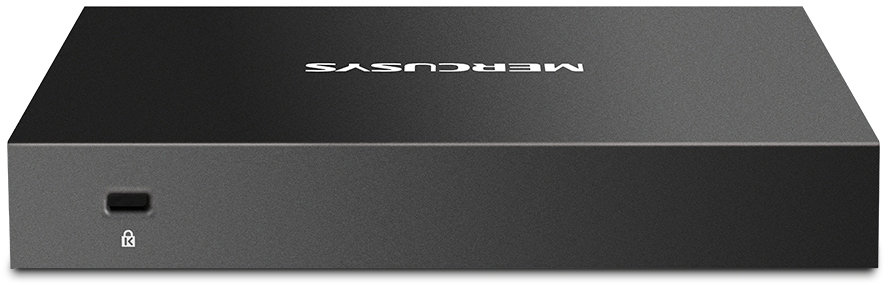 Egy fekete MERCUSYS router bekapcsológombbal és lakatszimbólummal, fehér háttéren.