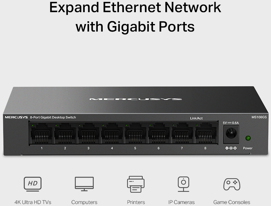 Fekete hálózati switch portokkal és lámpákkal. Szöveg: Bővítsd az Ethernet hálózatot Gigabit portokkal.