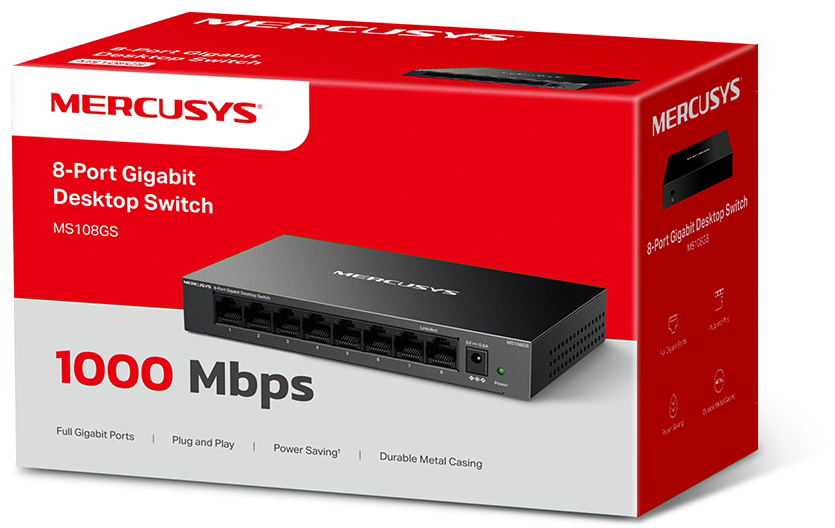 Mercusys 8-Port Gigabit Desktop Switch doboza, a termékkel és funkciókkal.