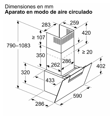 Diagrama de campana extractora con dimensiones en milímetros.