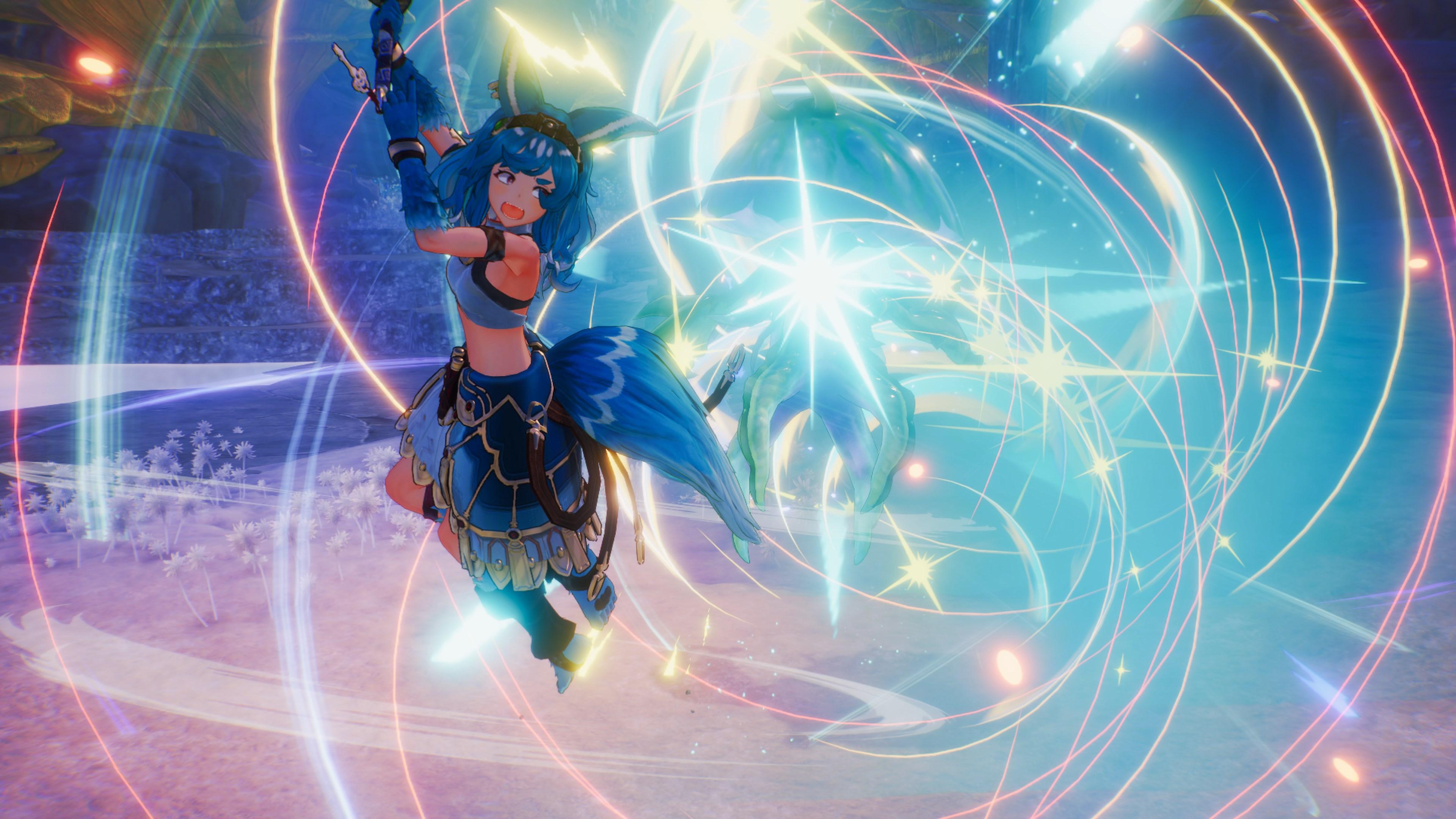 Un personaggio anime dai capelli blu con orecchie e coda salta con effetti energetici luminosi.
