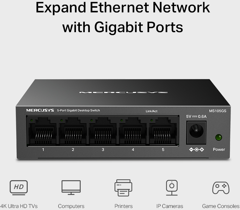 Egy fekete 5 portos asztali switch. Ethernet portokkal, tápbemenettel és jelzőfényekkel rendelkezik. A szöveg MERCUSYS.