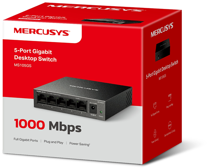 A doboz egy 5 portos Gigabit asztali switchet mutat Mercusys logóval és termékjellemzőkkel.