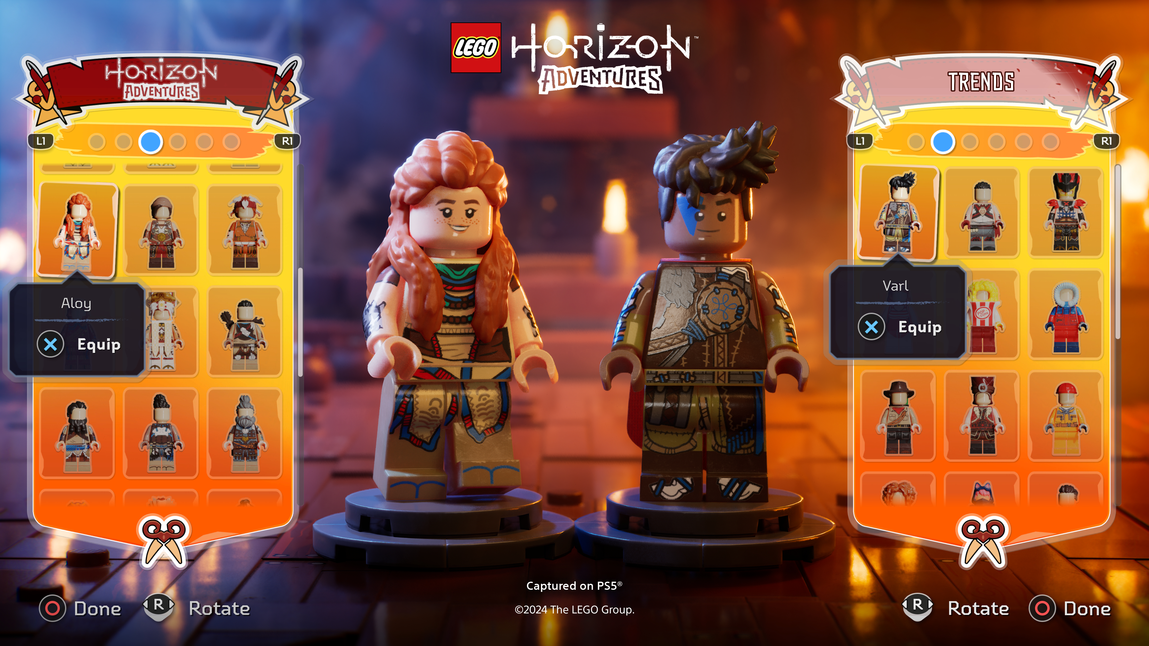 Lego Horizon Adventures Spiel. Zwei Lego-Charaktere, Aloy und Varl, auf einem Spielbildschirm.