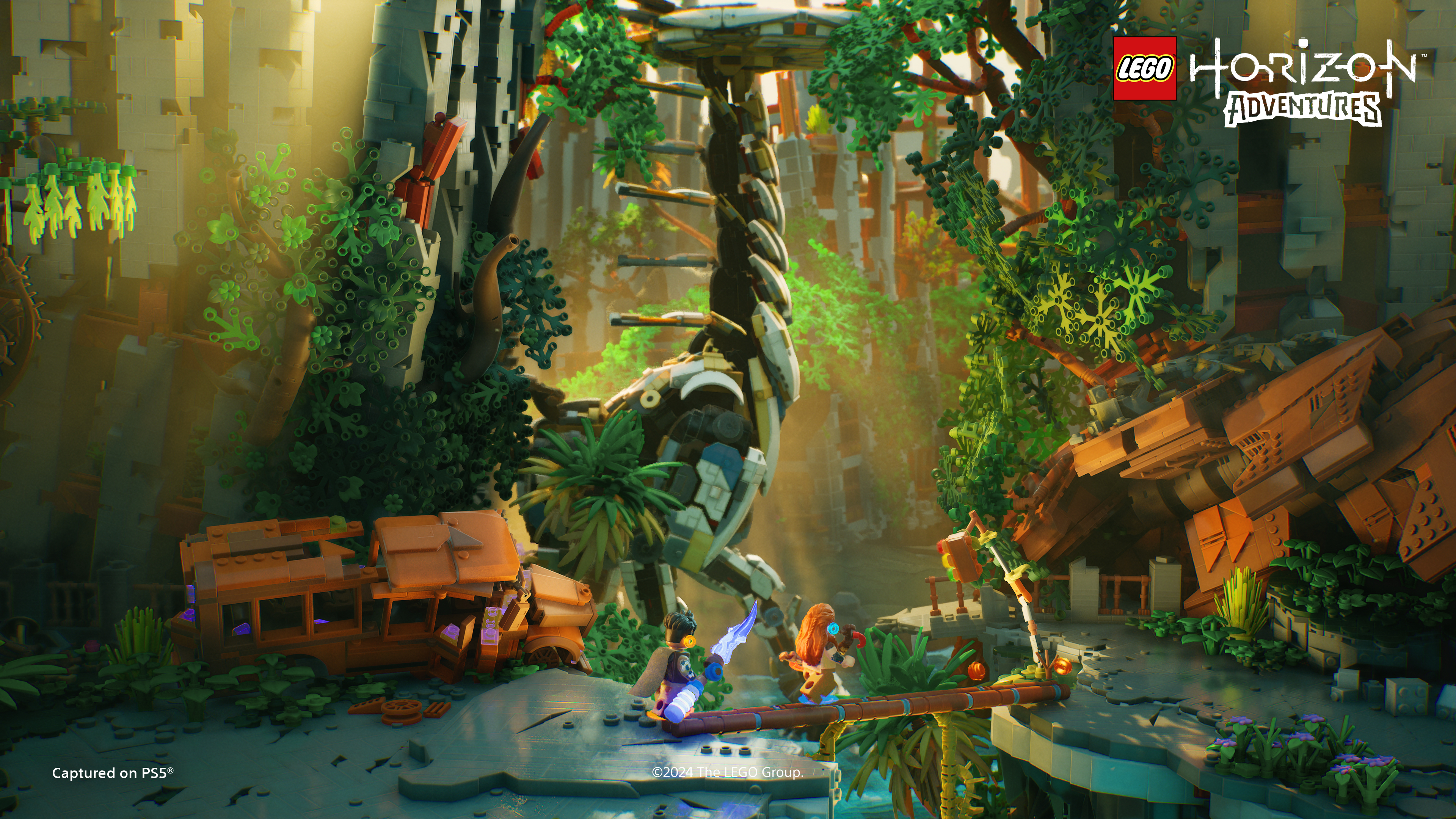LEGO Horizon Adventures Szene: Figuren im Dschungel mit Roboter-Dinosaurier.
