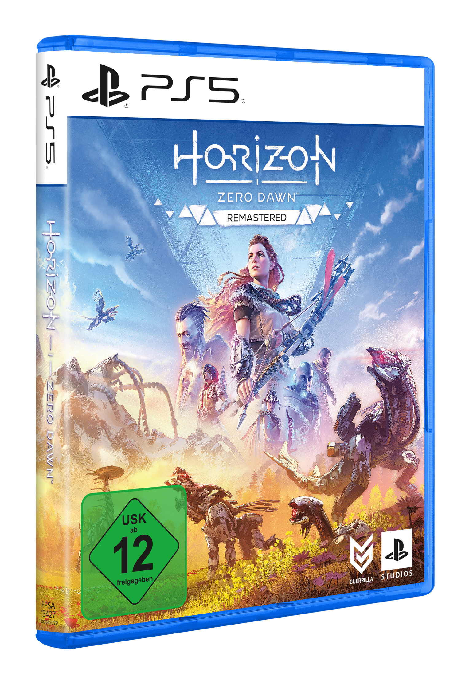 PS5-Spielbox. Zeigt Horizon Zero Dawn: Remastered. Mit einer Frau mit Bogen.