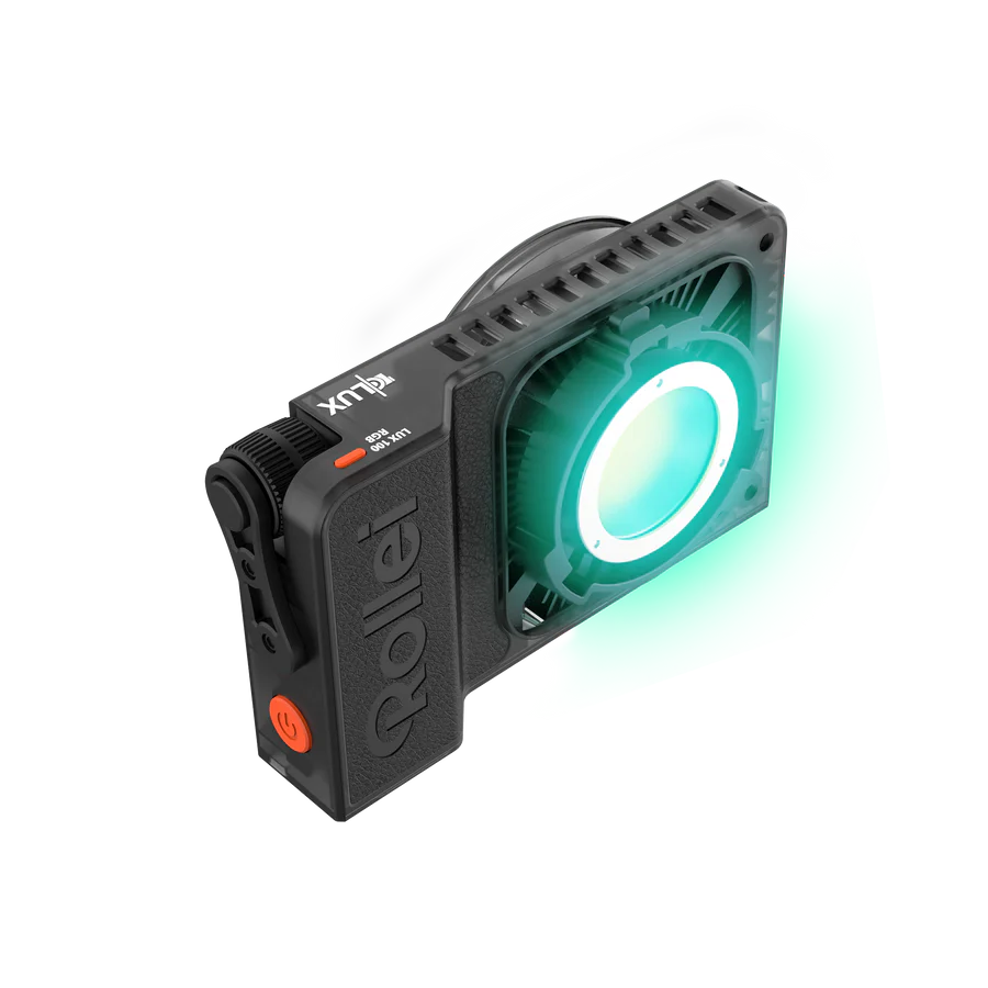 Ein schwarzes und graues Rollei Lux 150 LED-Licht, mit Ein-Aus-Taste und Licht.