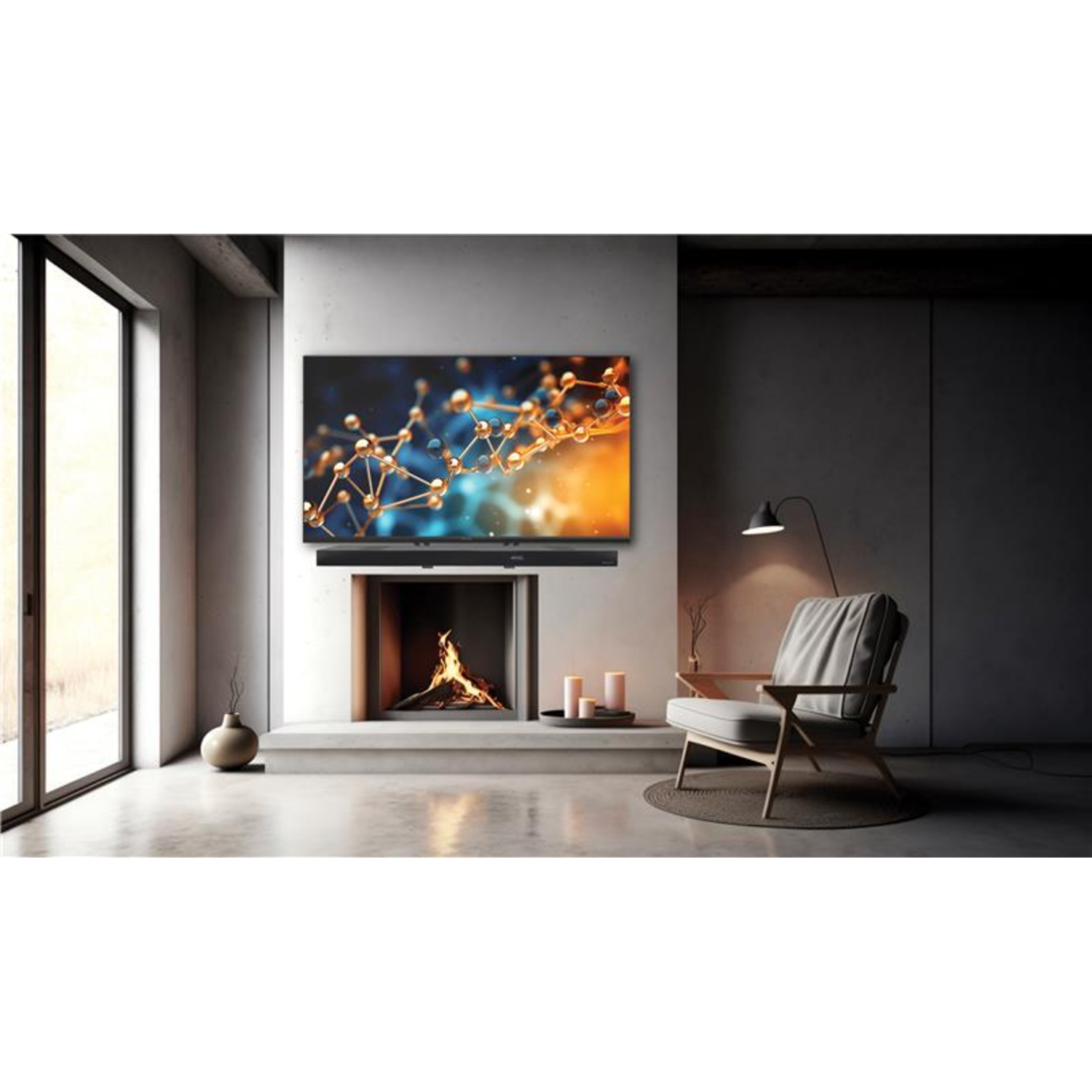 Modern living room with a TV above a fireplace, chair, and a vase. The room has a neutral color scheme.