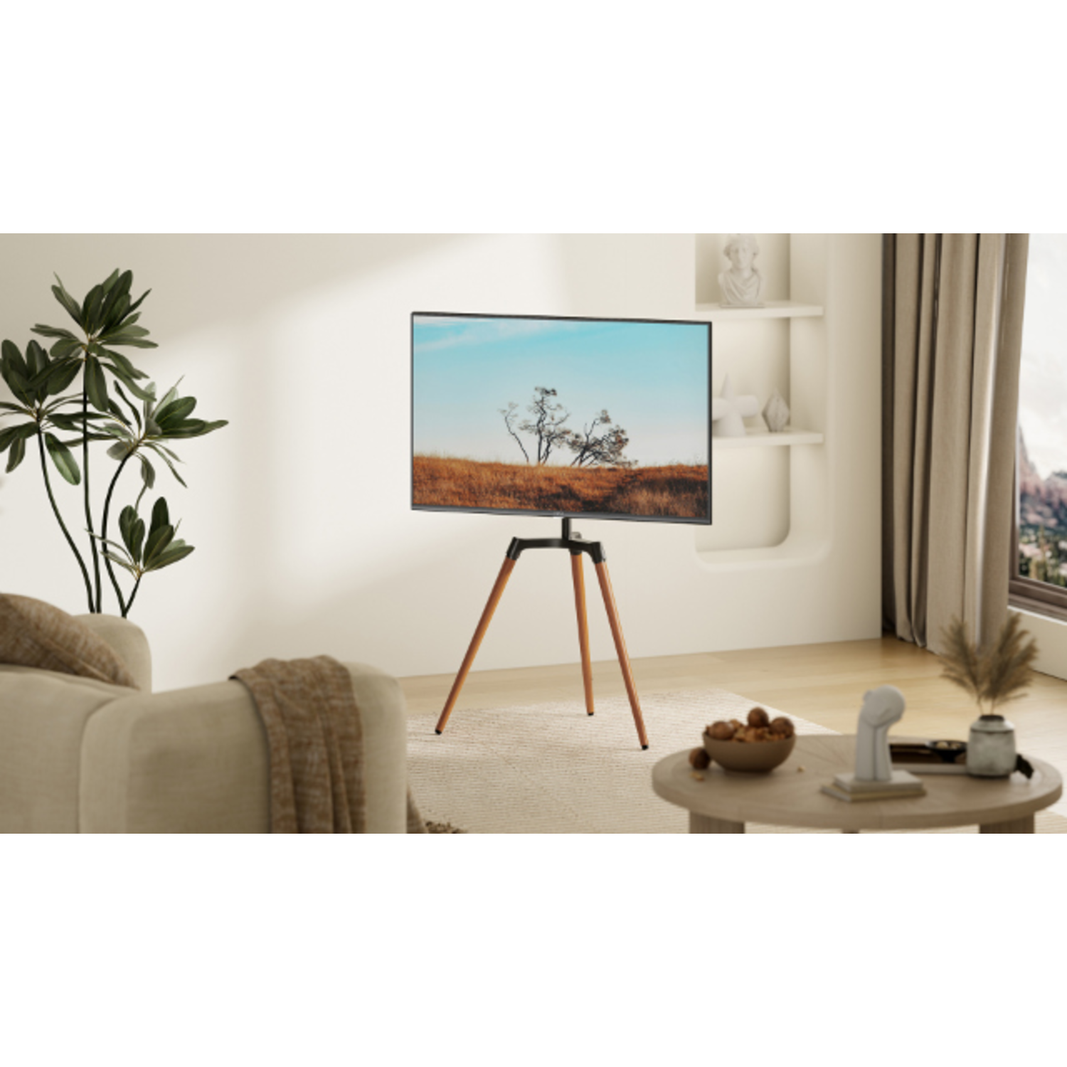 A TV on a tripod stand displays a landscape scene. A couch and coffee table are in view.