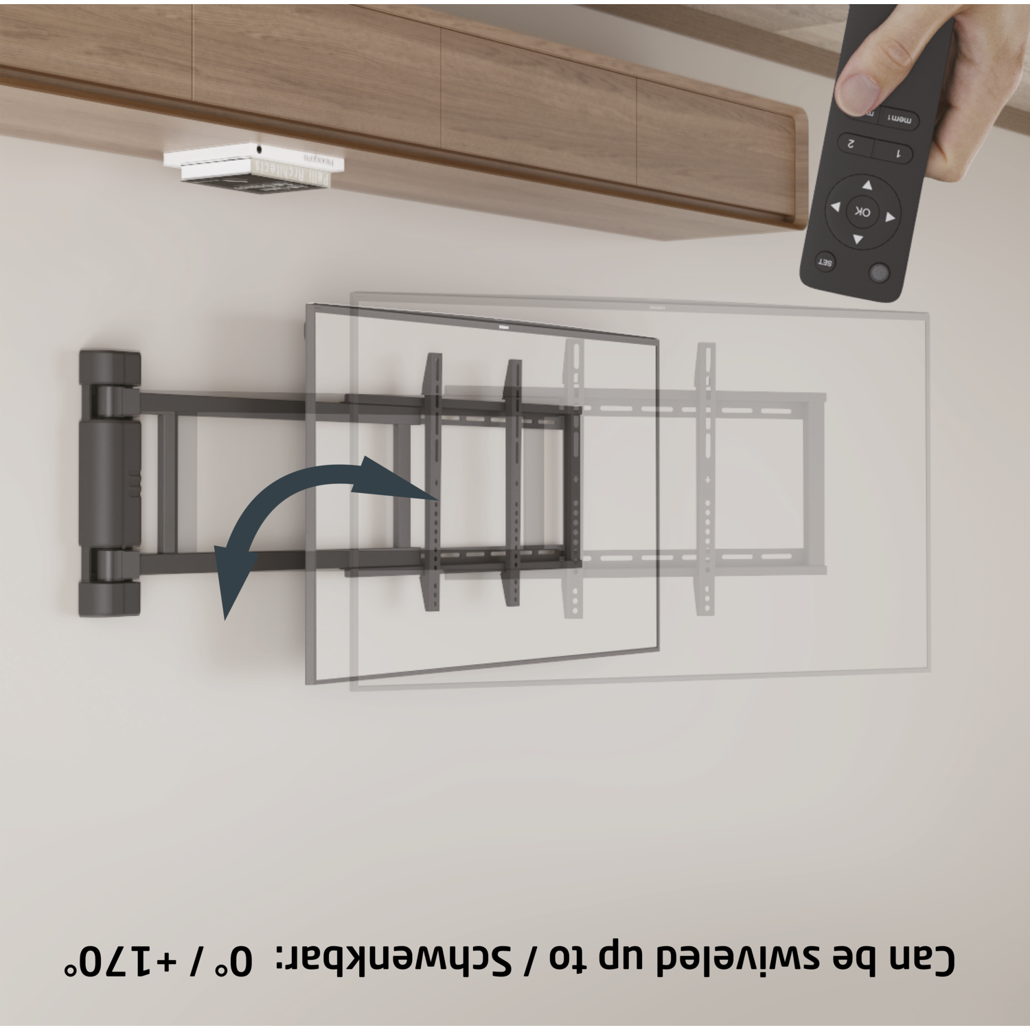 TV wall mount showing the swivel action. A remote is visible, the text says 'Can be swiveled up to 70°'.
