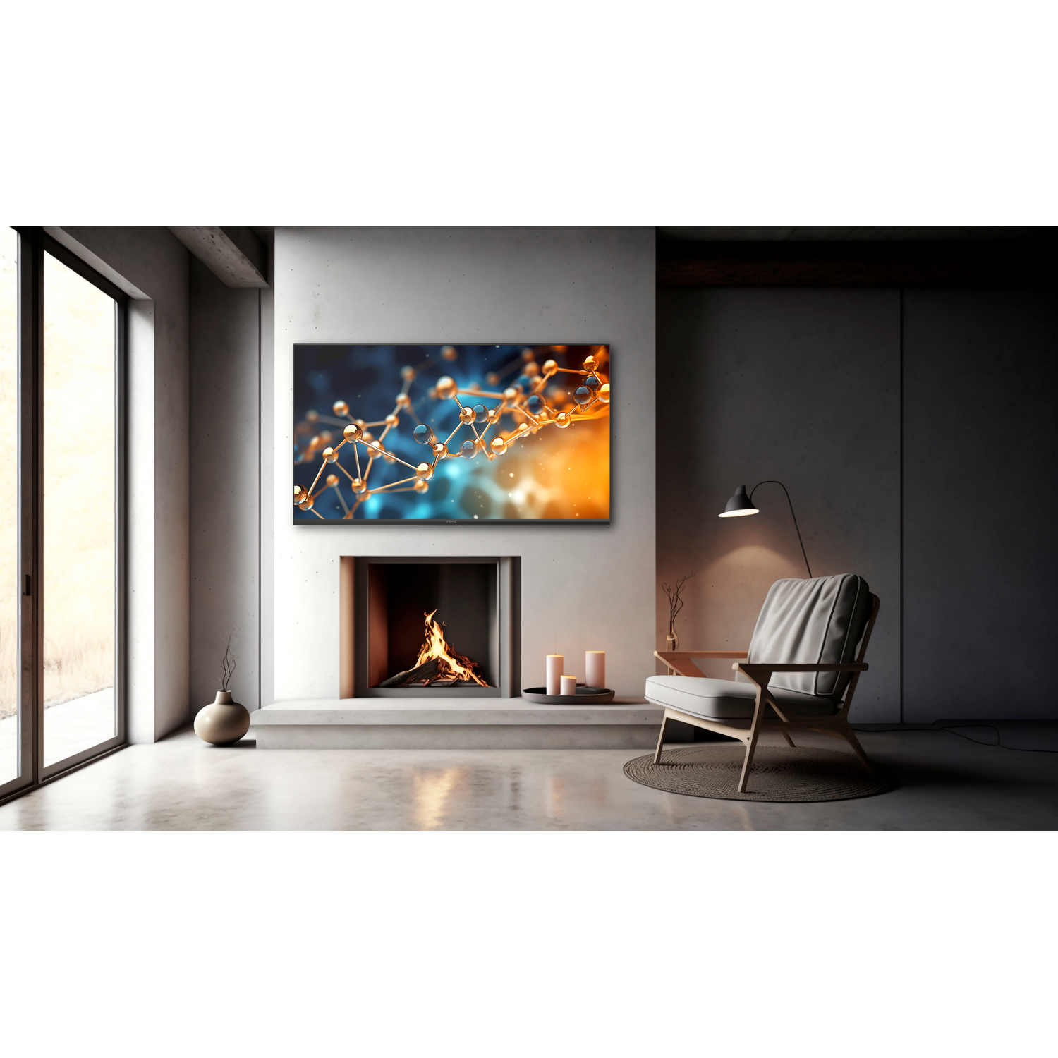 Living room with fireplace, art, chair, and window with daylight.