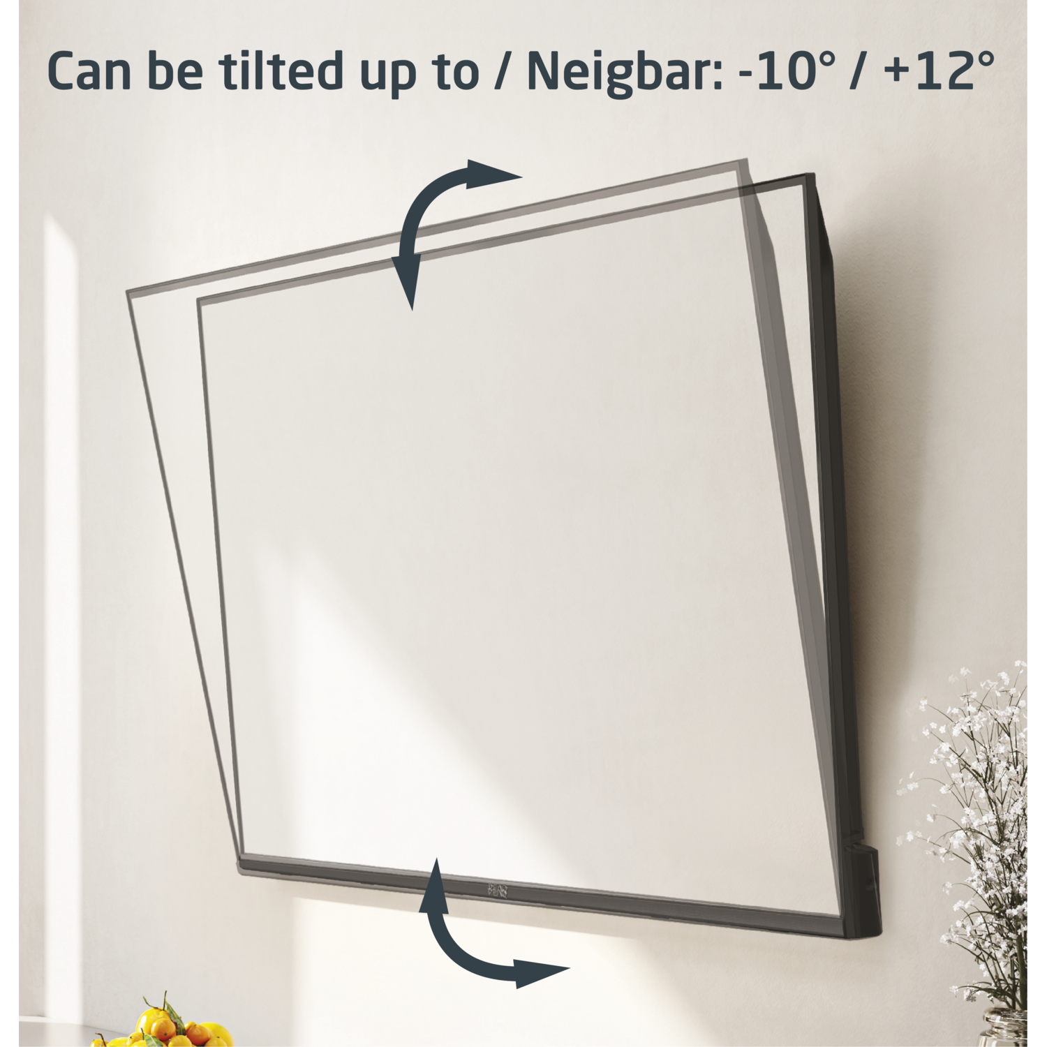 A black TV mounted on a white wall, titled up. Arrows show tilt range. Yellow fruit and flowers are at the bottom.