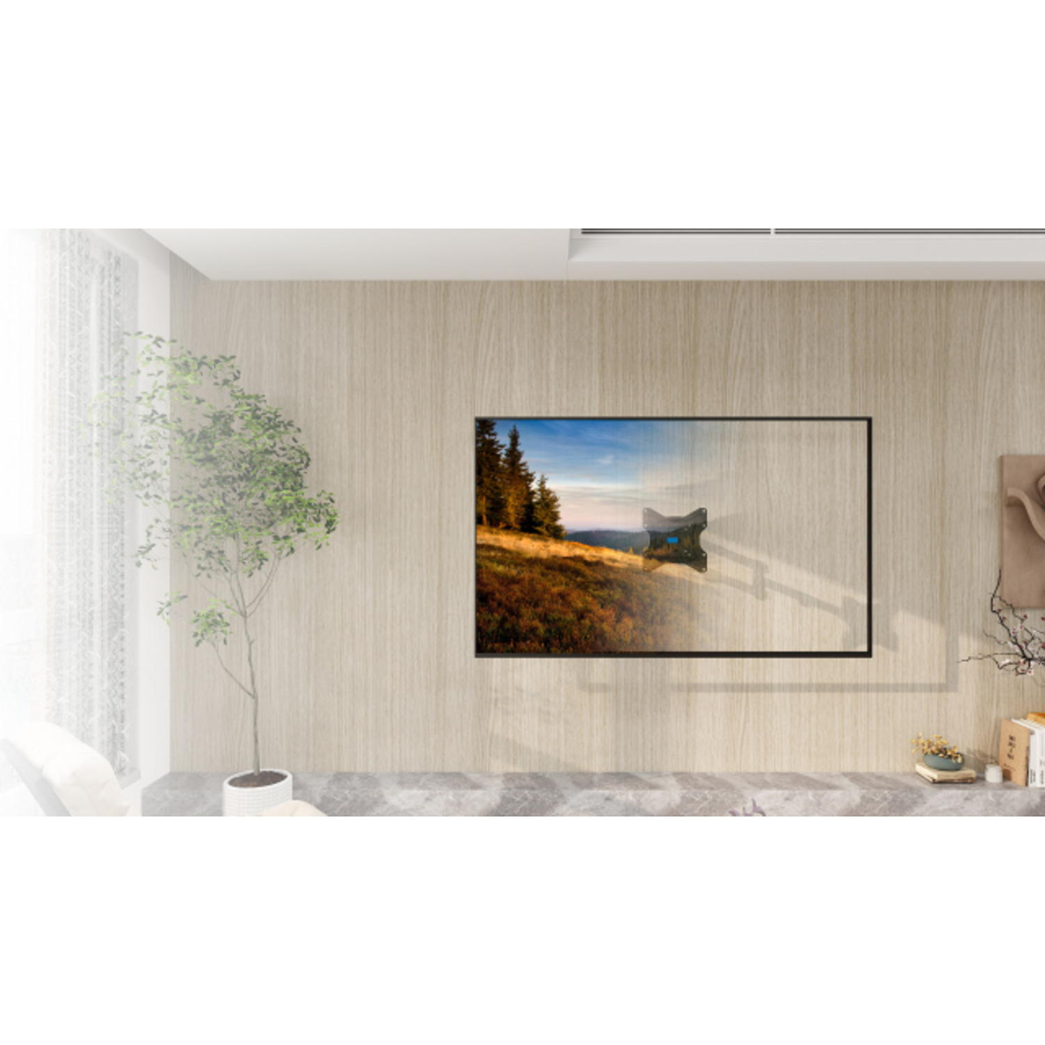 TV on wall, landscape image. Tree in pot, light wall and window. Beige wood wall.