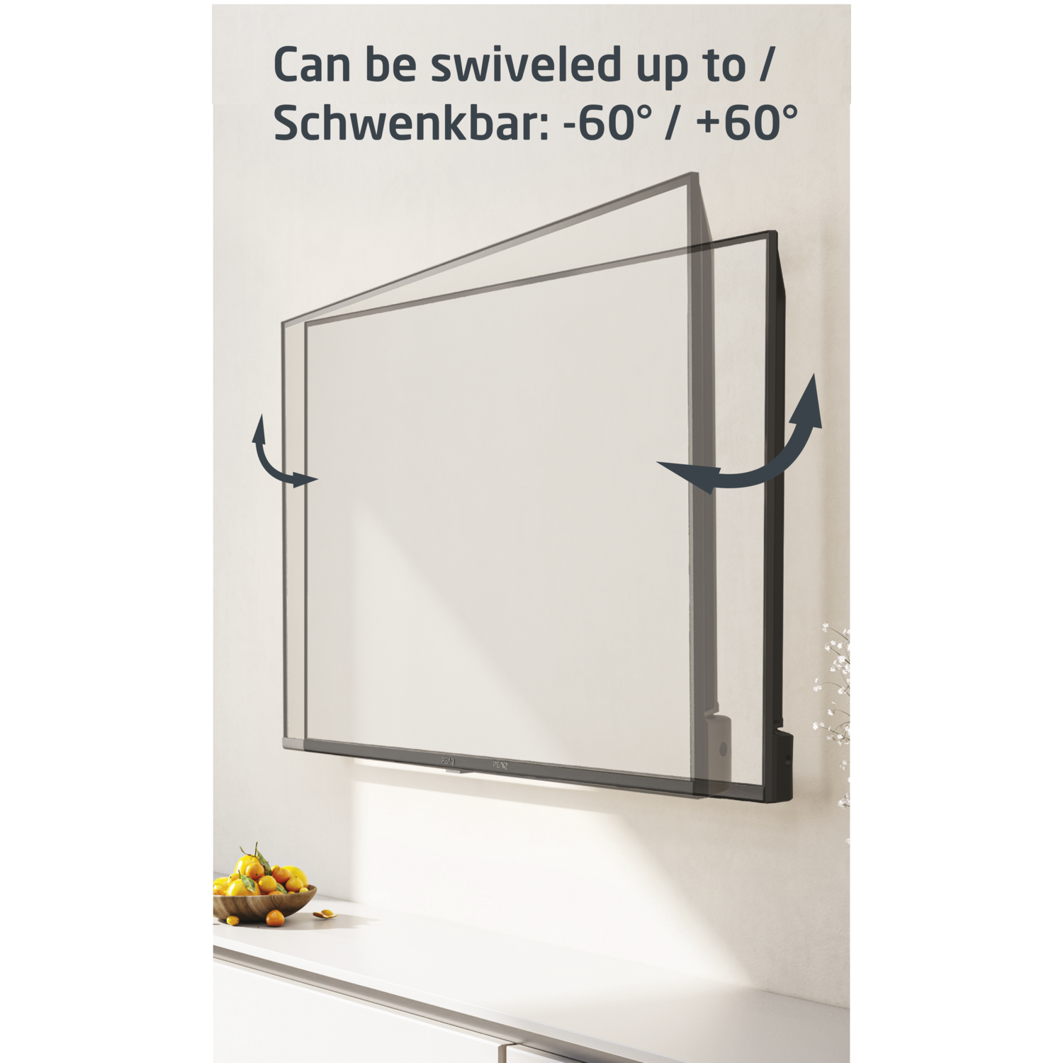 A TV screen mounted on a wall, showing the swivel range in degrees.