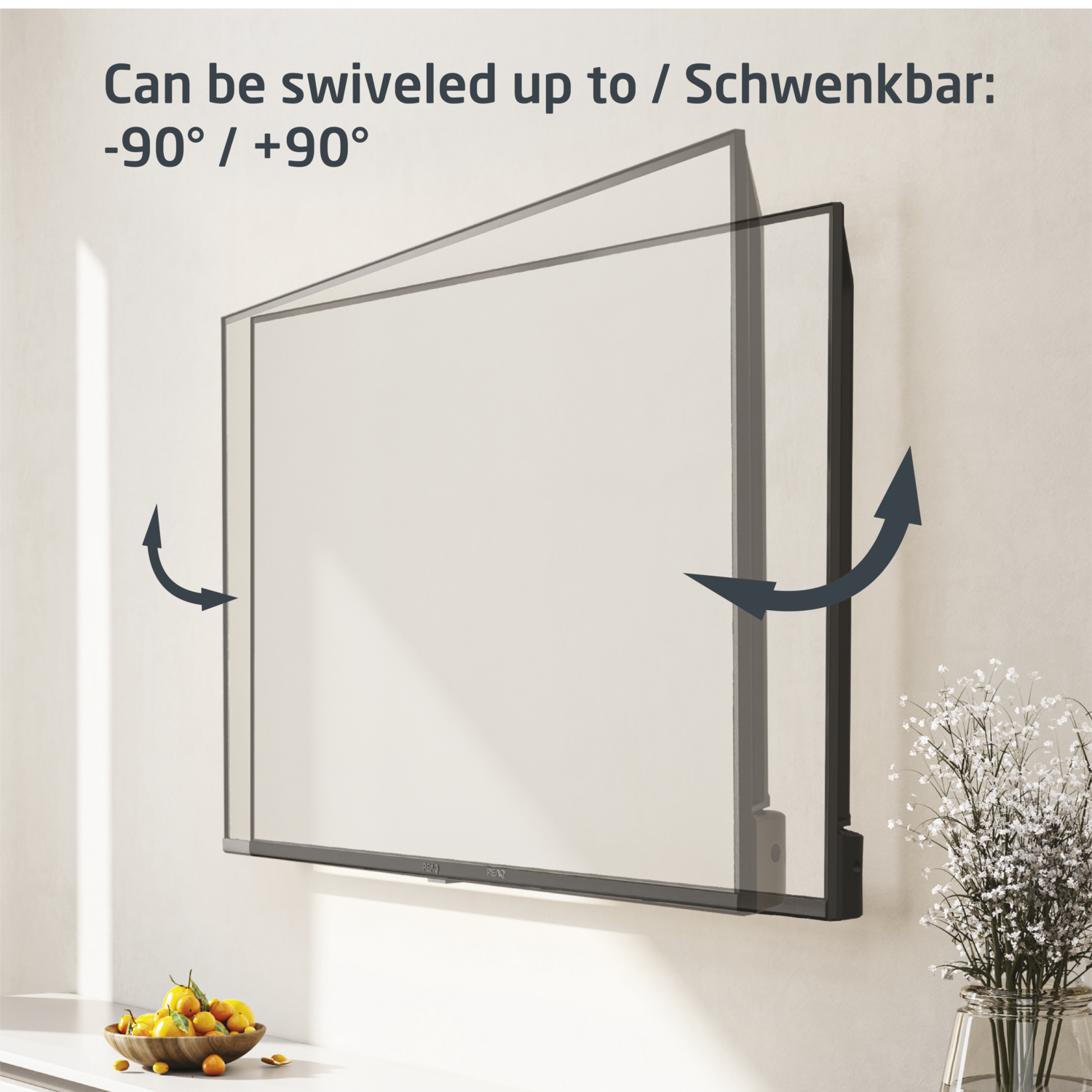 TV swiveled up to -90/+90 degrees. Arrows show swivel motion. Bowl of lemons and flowers present.