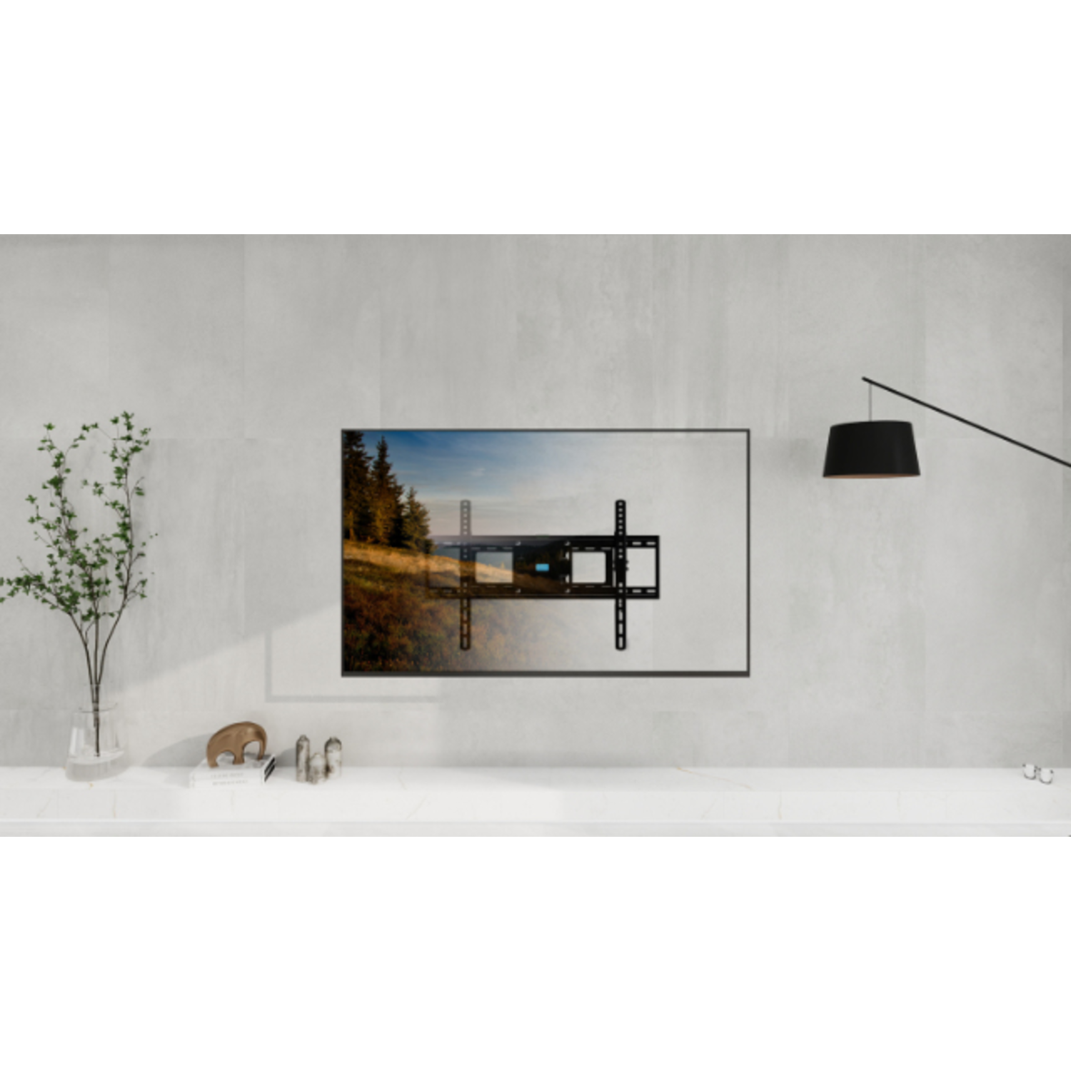 TV mounted on a wall with an adjustable mount. Minimalist decor with a plant and lamp.