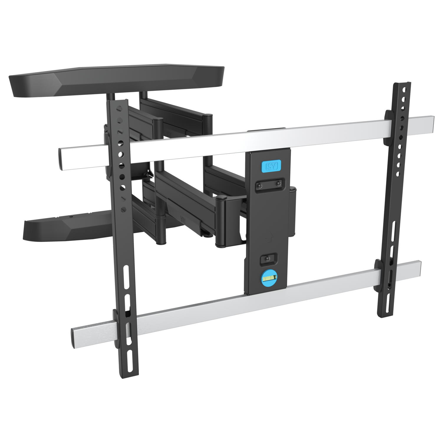 TV wall mount, black with silver rails and a level.