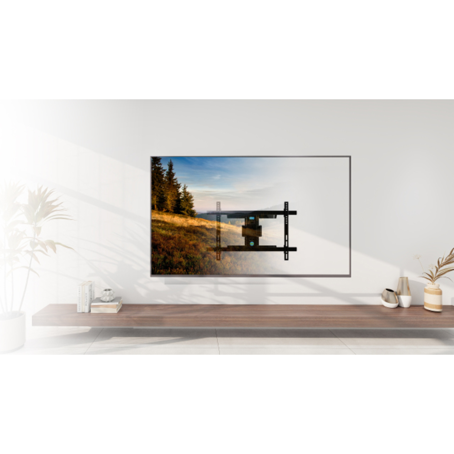 TV mounted on a wall, with a view of a landscape displayed on the screen.