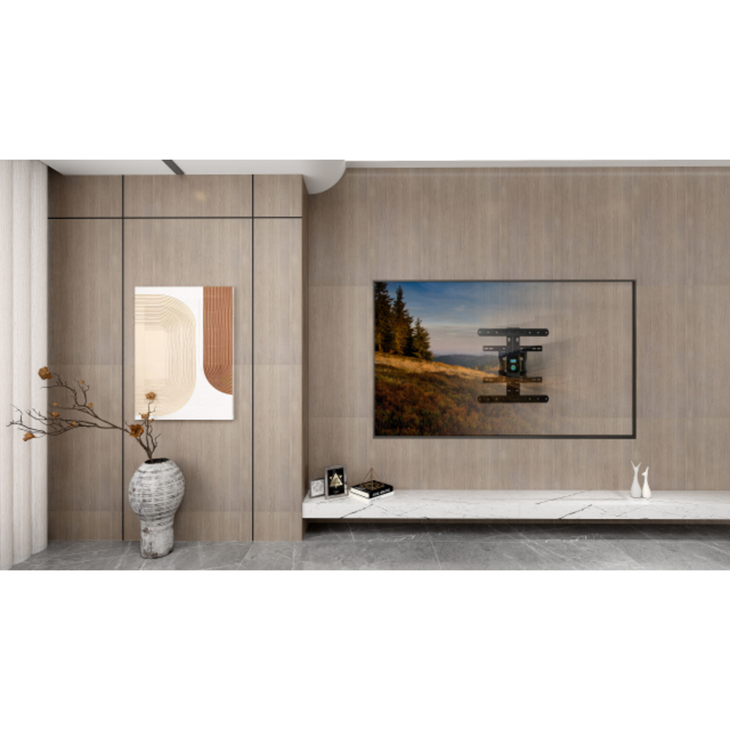 TV mounted on wall. Artwork and decor on the wall. White shelf.