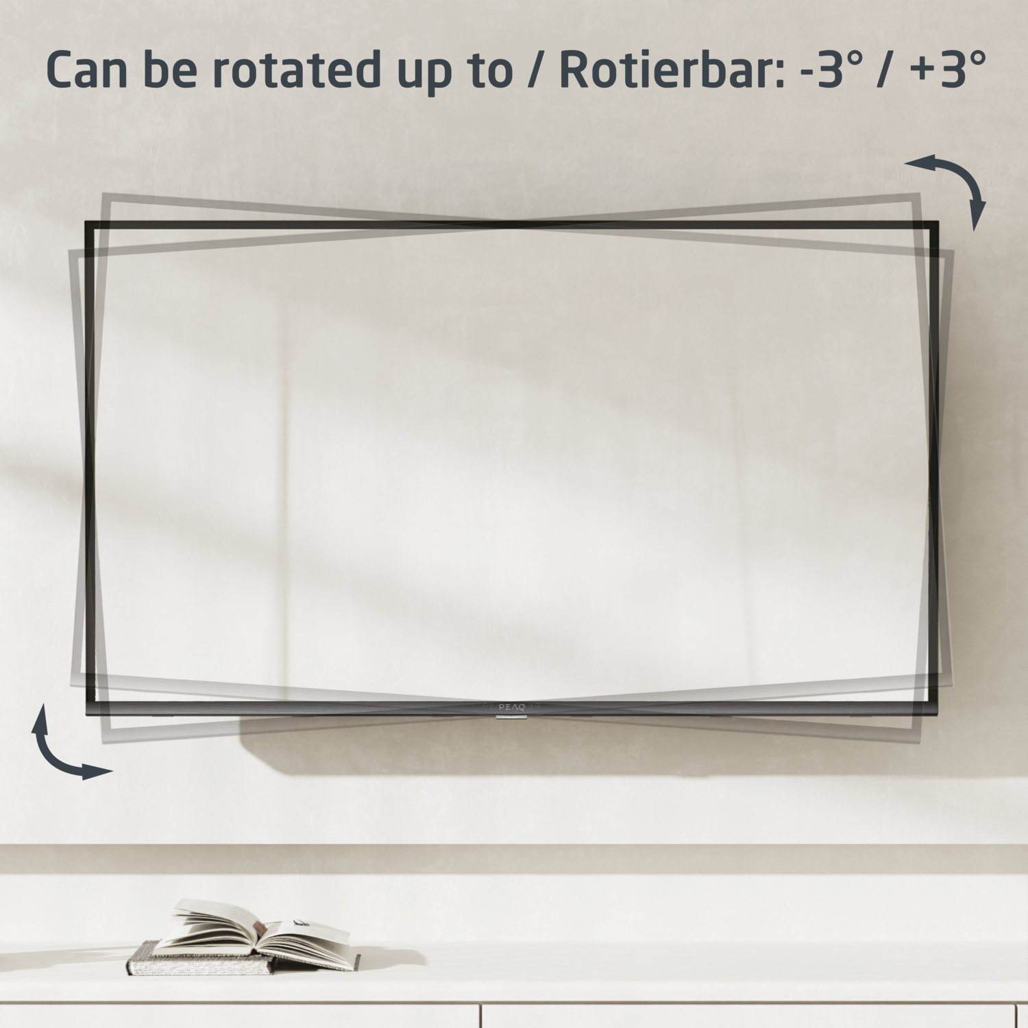 Large TV on a white surface, with a rotating screen and arrows.