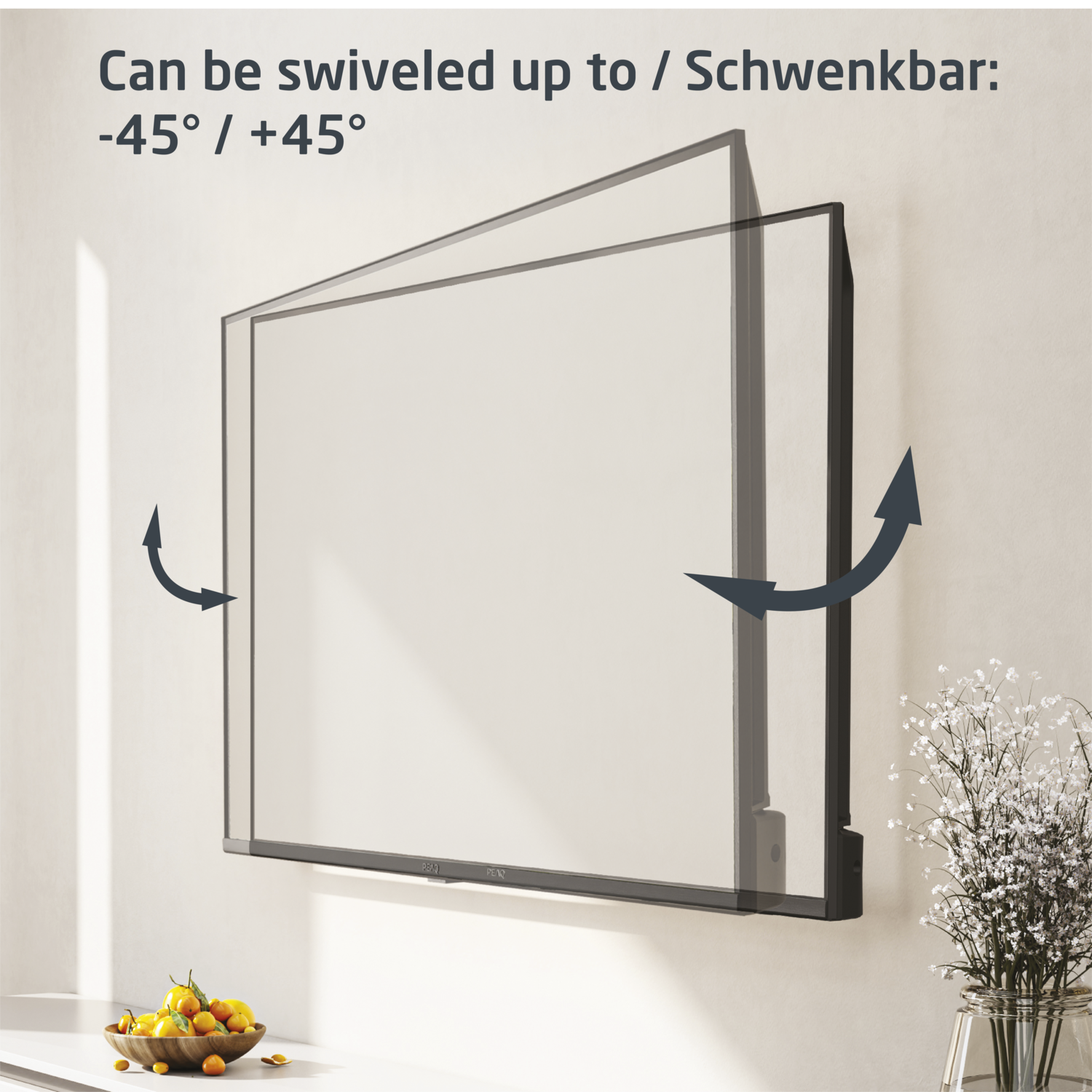 A TV screen mounted on a wall with arrows indicating swivel movement.